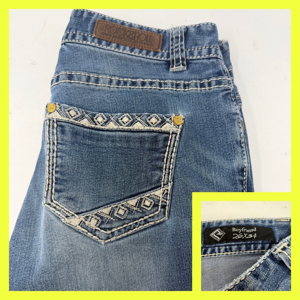Rock & Roll Cowgirl Boyfriend Jeans 26x32 Blue Distressed Embroidered Pocket